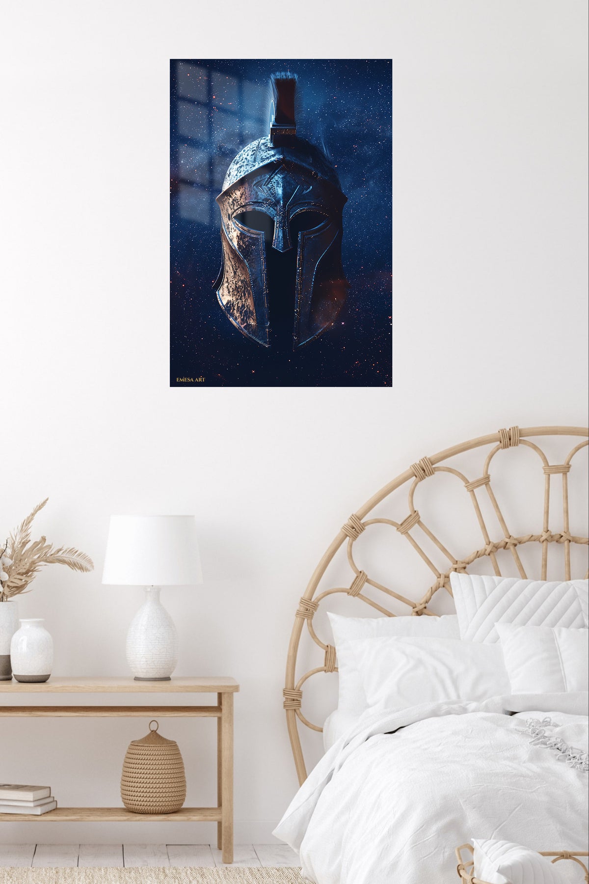 Celestial Spartan Helmet metal wall art displayed in a contemporary living space