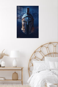 Celestial Spartan Helmet metal wall art displayed in a contemporary living space
