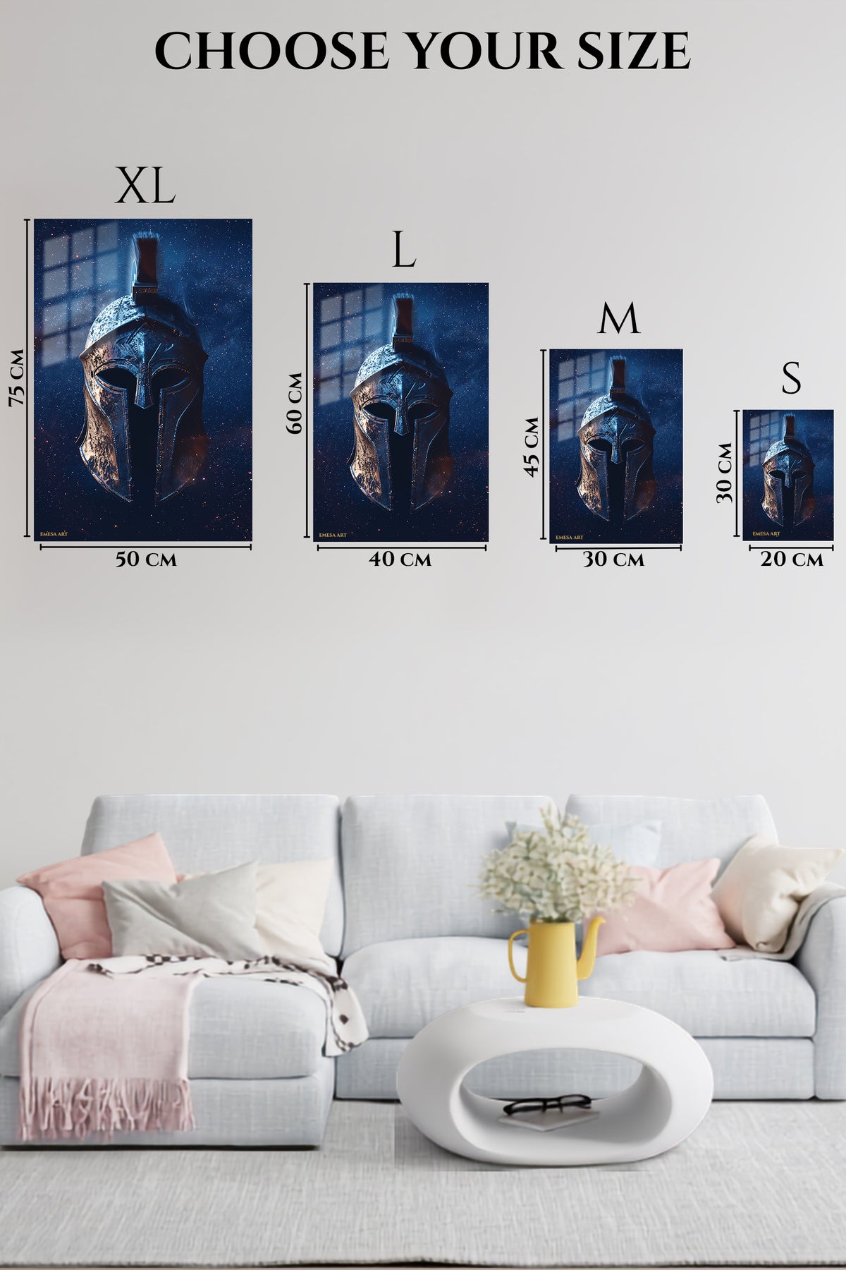 EMESA metal wall art size comparison guide for Celestial Spartan Helmet