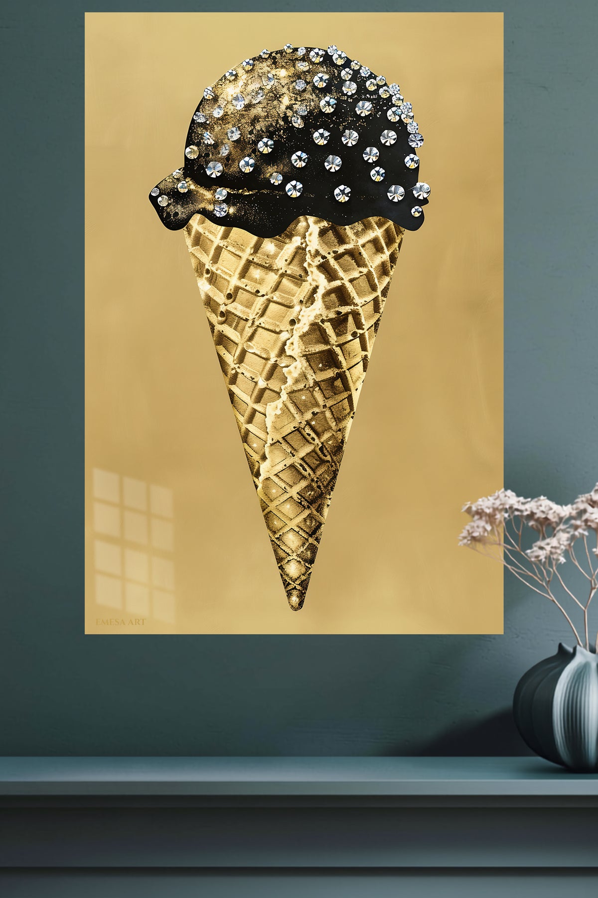 Gilded Crystal Ice Cream Cone metal wall art displayed in a modern interior