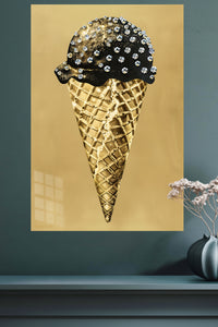 Gilded Crystal Ice Cream Cone metal wall art displayed in a modern interior