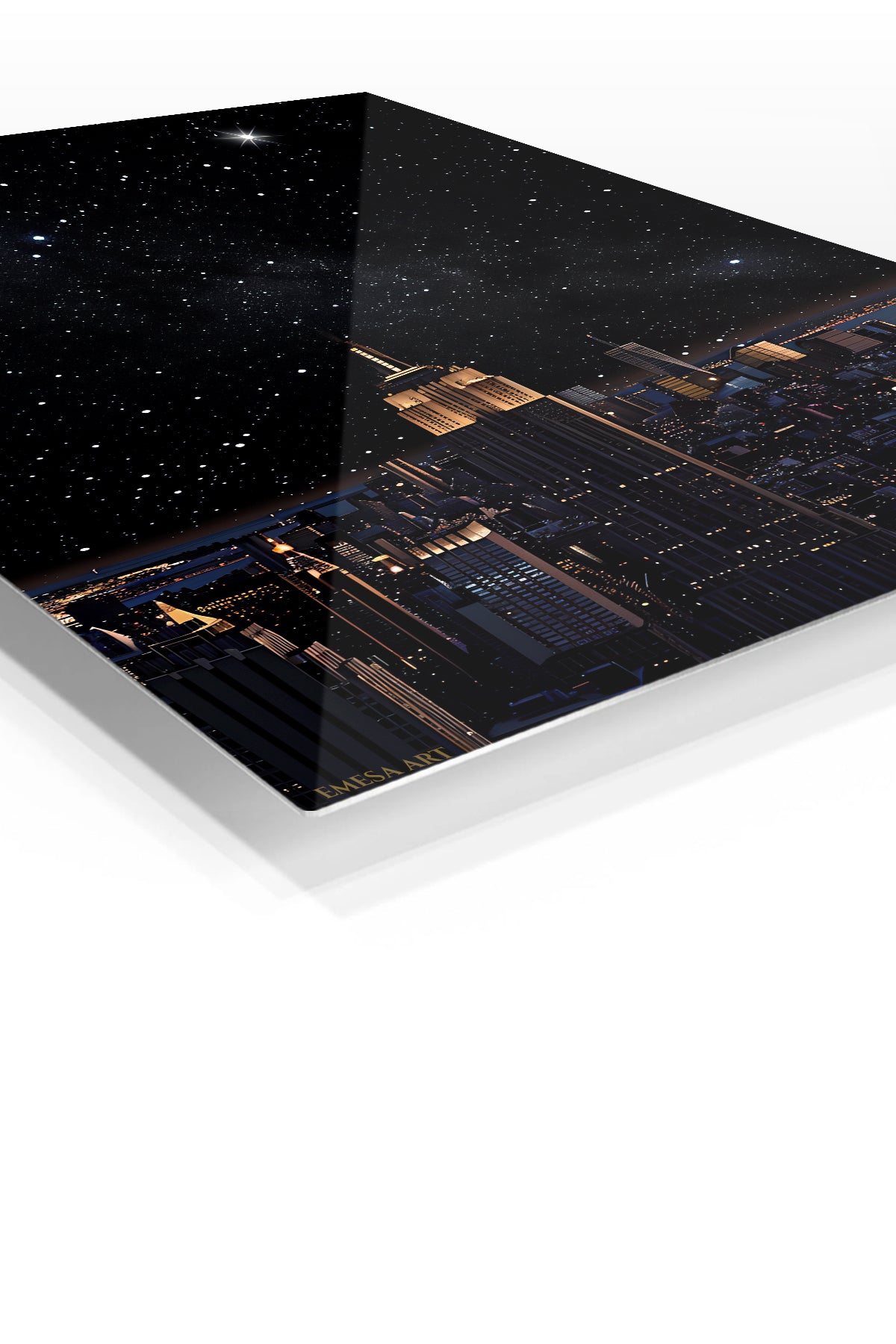 Starry City Skyline premium metal wall art – angled view