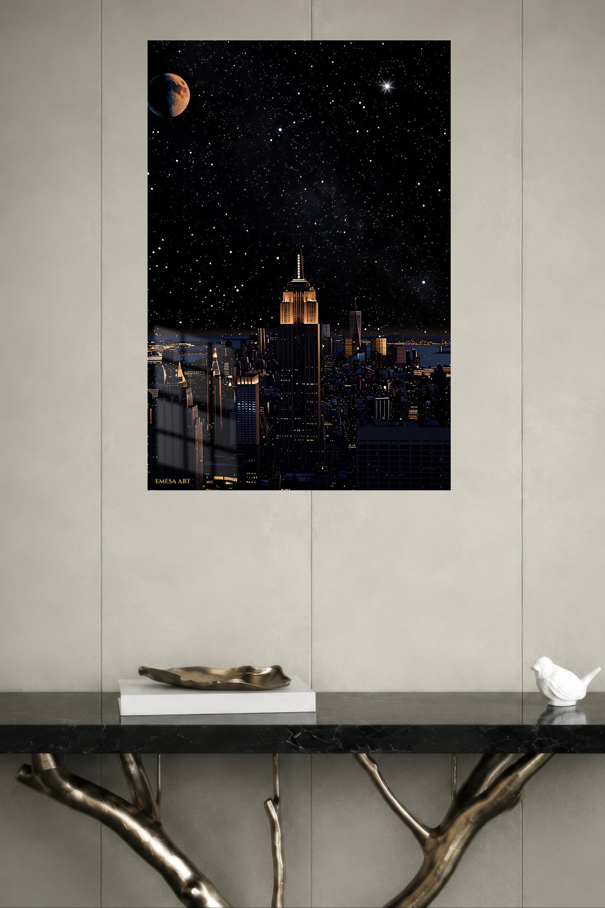 Starry City Skyline metal wall art displayed in a modern interior