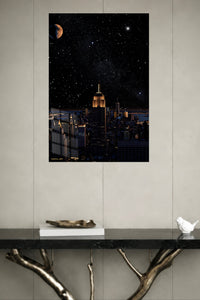 Starry City Skyline metal wall art displayed in a modern interior