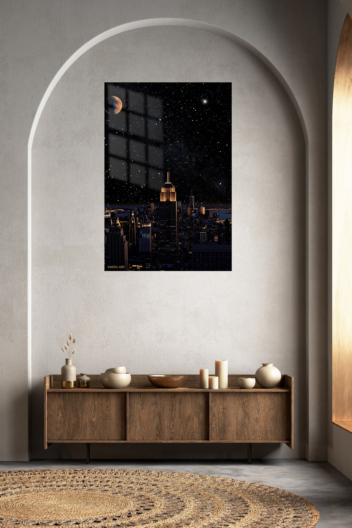 Starry City Skyline metal wall art displayed in a contemporary living space