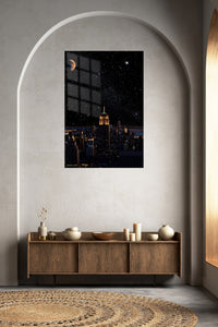 Starry City Skyline metal wall art displayed in a contemporary living space