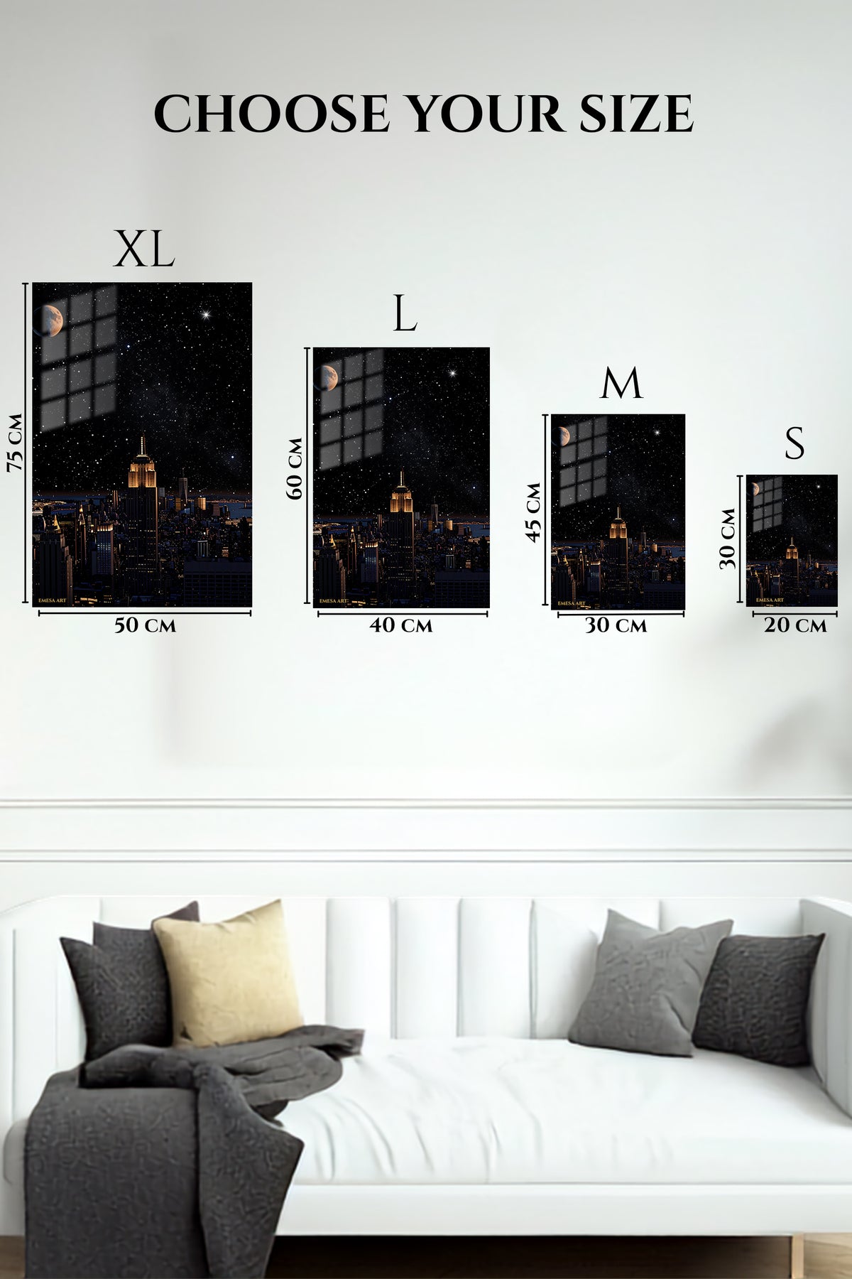 EMESA metal wall art size comparison guide for Starry City Skyline
