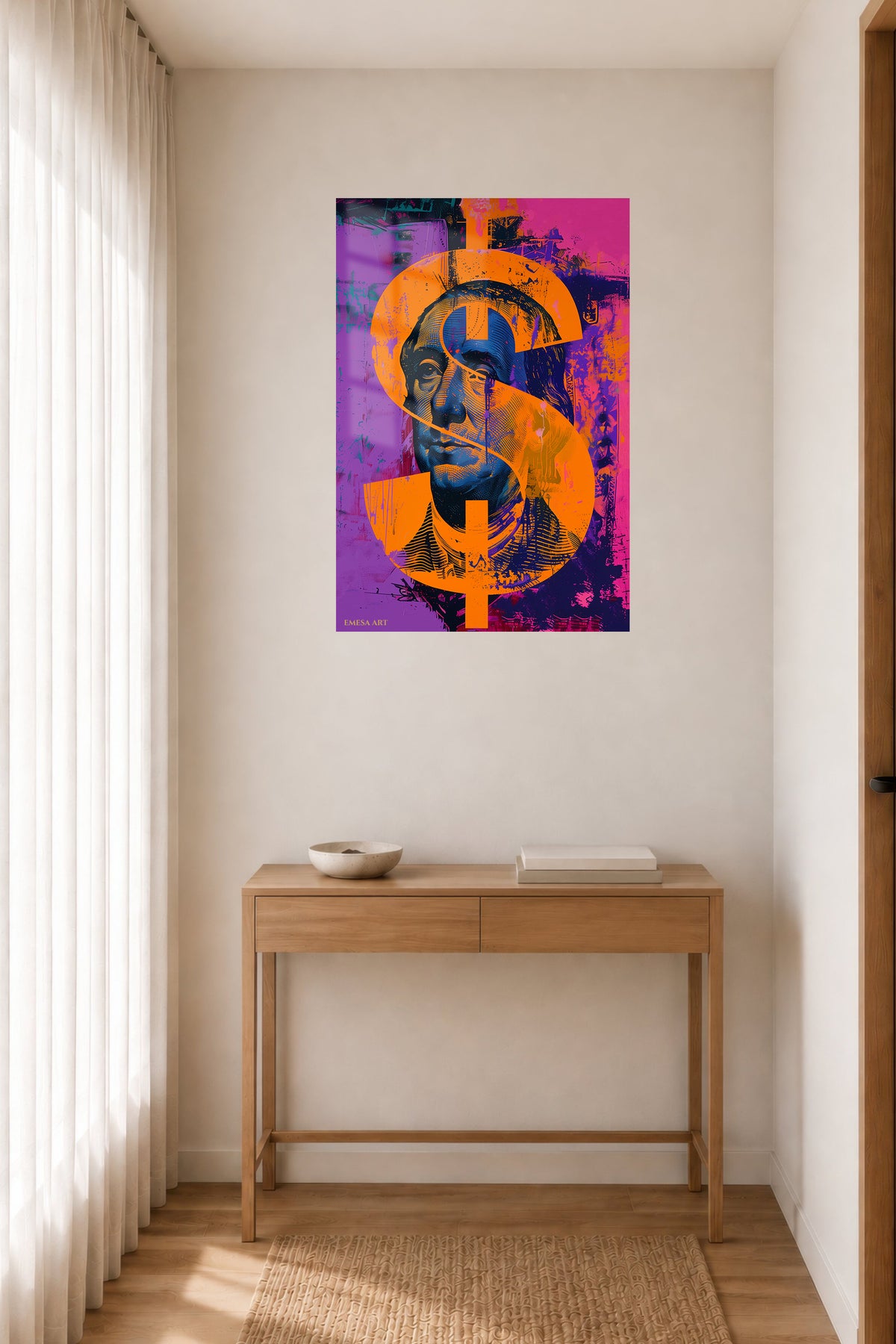 Neon Pharaoh Portrait metal wall art displayed in a contemporary living space