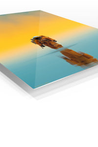 Solitary Astronaut at Golden Horizon premium metal wall art – angled view