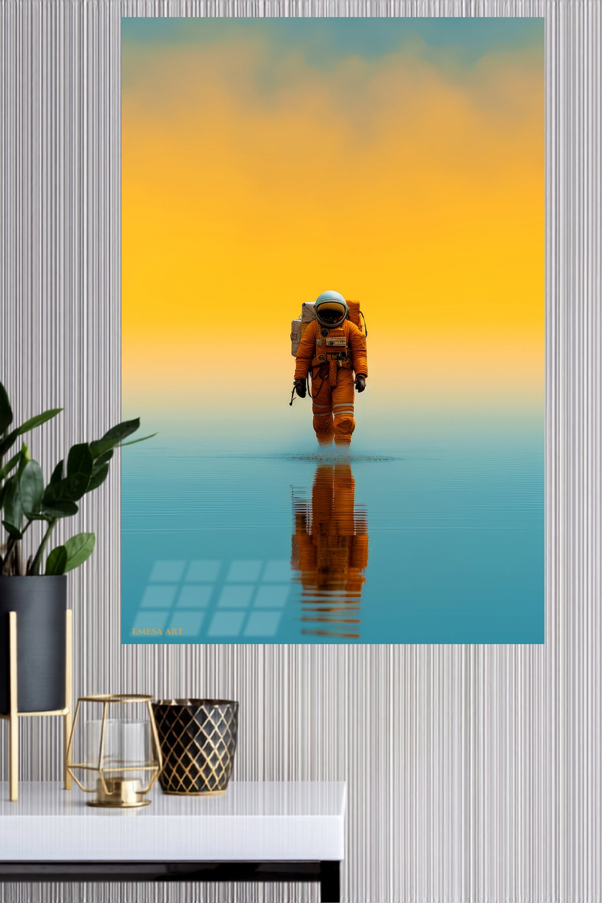 Solitary Astronaut at Golden Horizon metal wall art displayed in a modern interior
