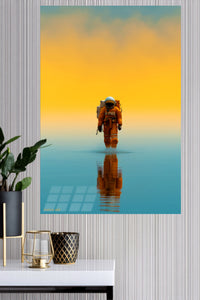 Solitary Astronaut at Golden Horizon metal wall art displayed in a modern interior