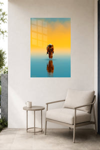 Solitary Astronaut at Golden Horizon metal wall art displayed in a contemporary living space