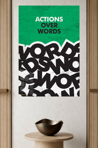 Actions Over Words metal wall art displayed in a modern interior