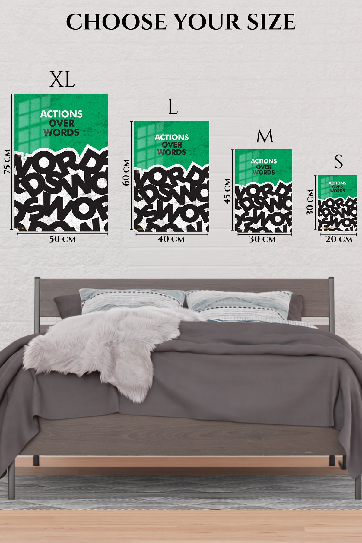 EMESA metal wall art size comparison guide for Actions Over Words