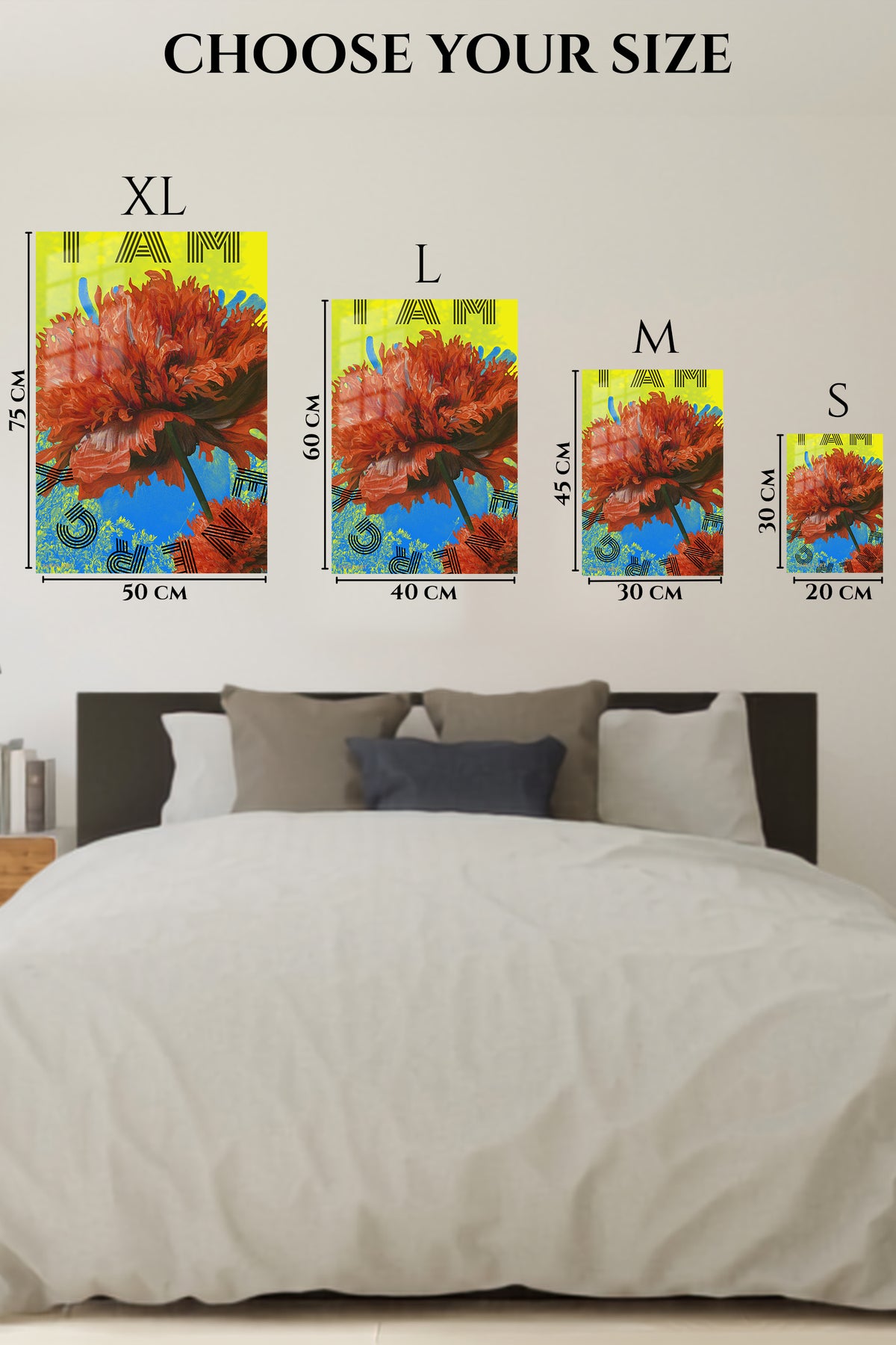 EMESA metal wall art size comparison guide for I Am Art Floral Statement