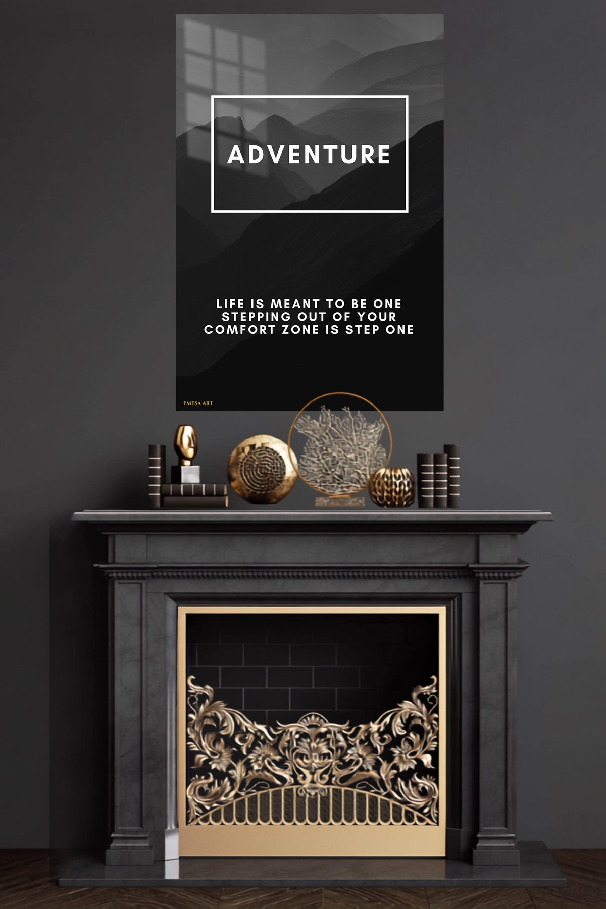 Adventure Beyond the Comfort Zone metal wall art displayed in a modern interior