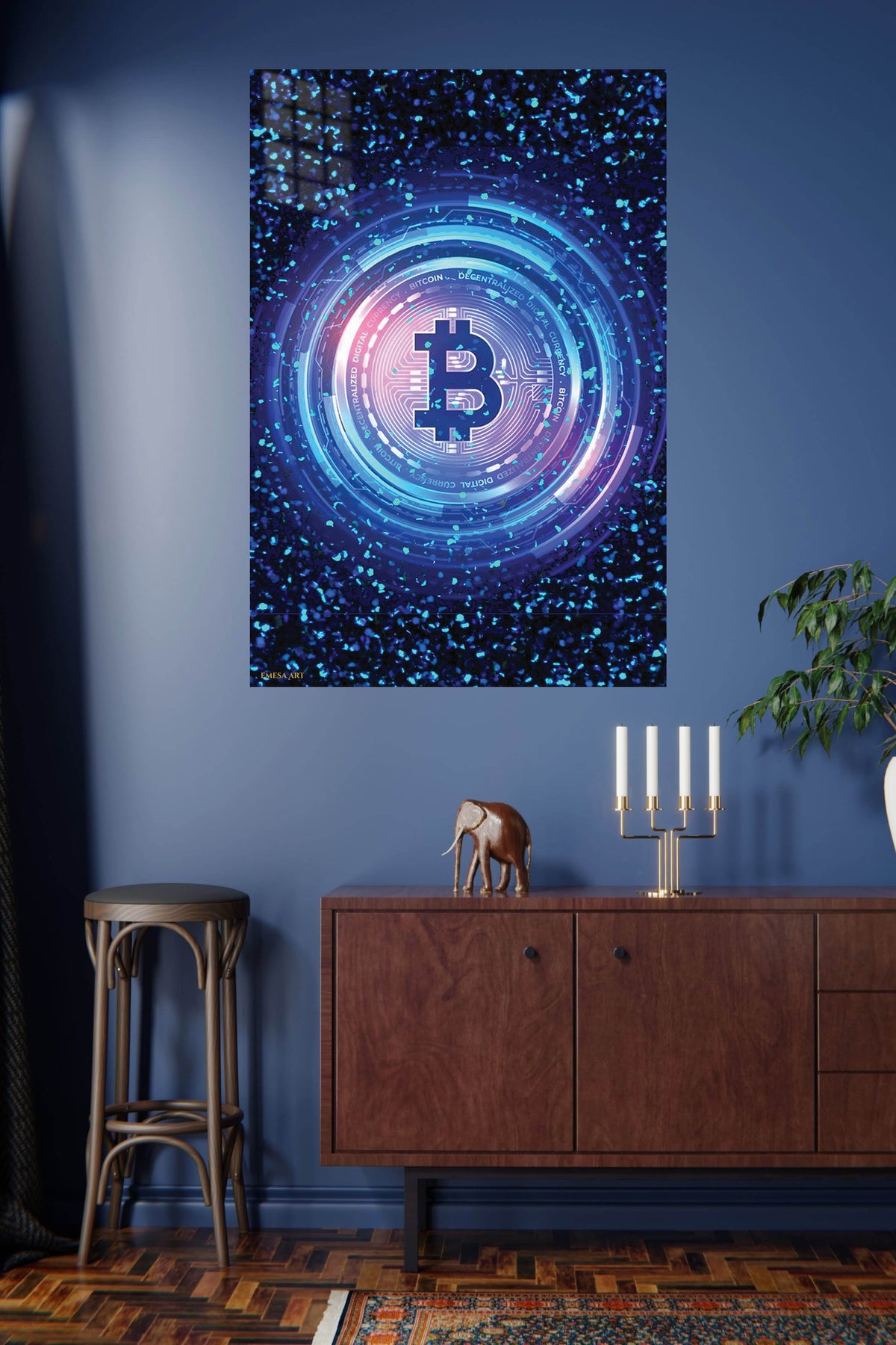 Bitcoin Circuit Glow metal wall art displayed in a modern interior