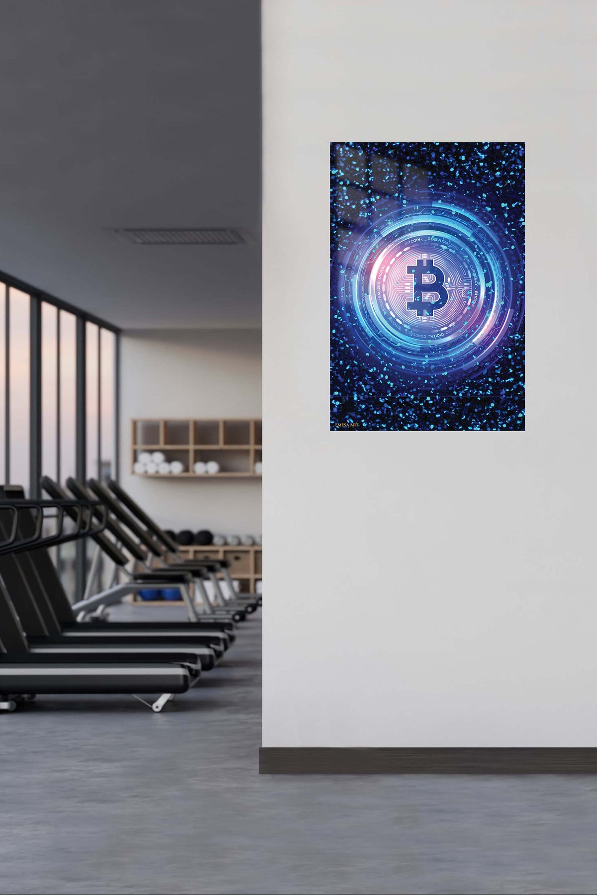 Bitcoin Circuit Glow metal wall art displayed in a contemporary living space