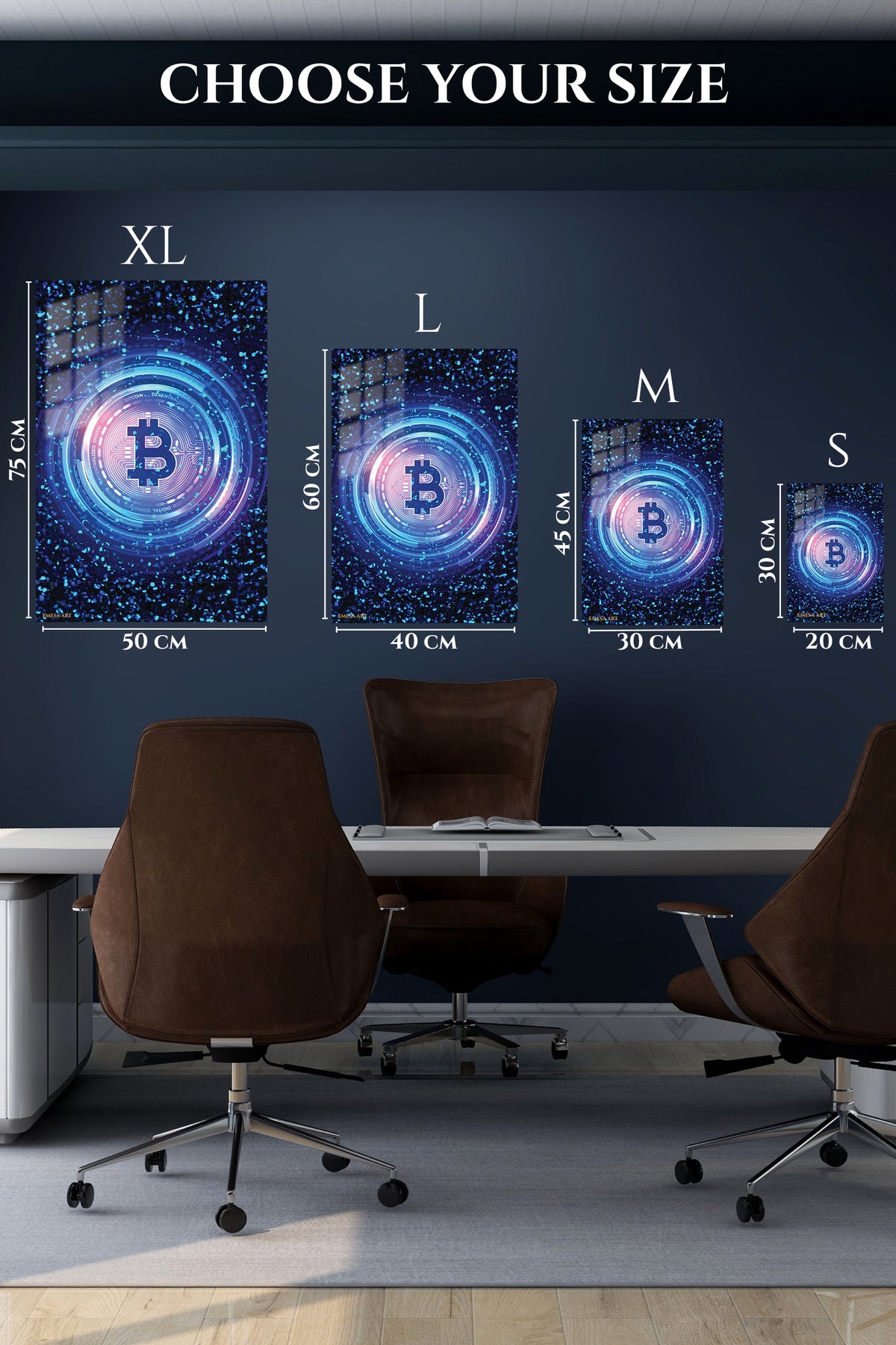 EMESA metal wall art size comparison guide for Bitcoin Circuit Glow