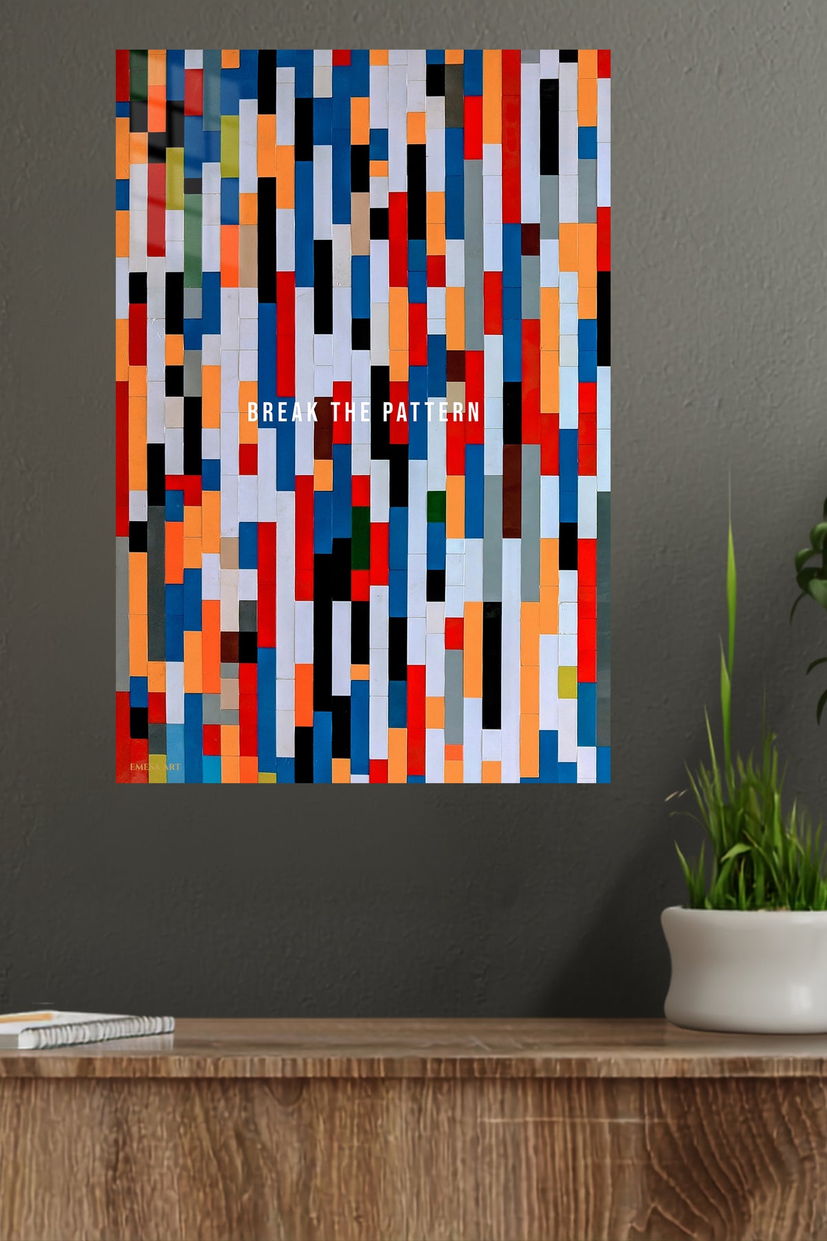 Break the Pattern Geometric Poster metal wall art displayed in a modern interior