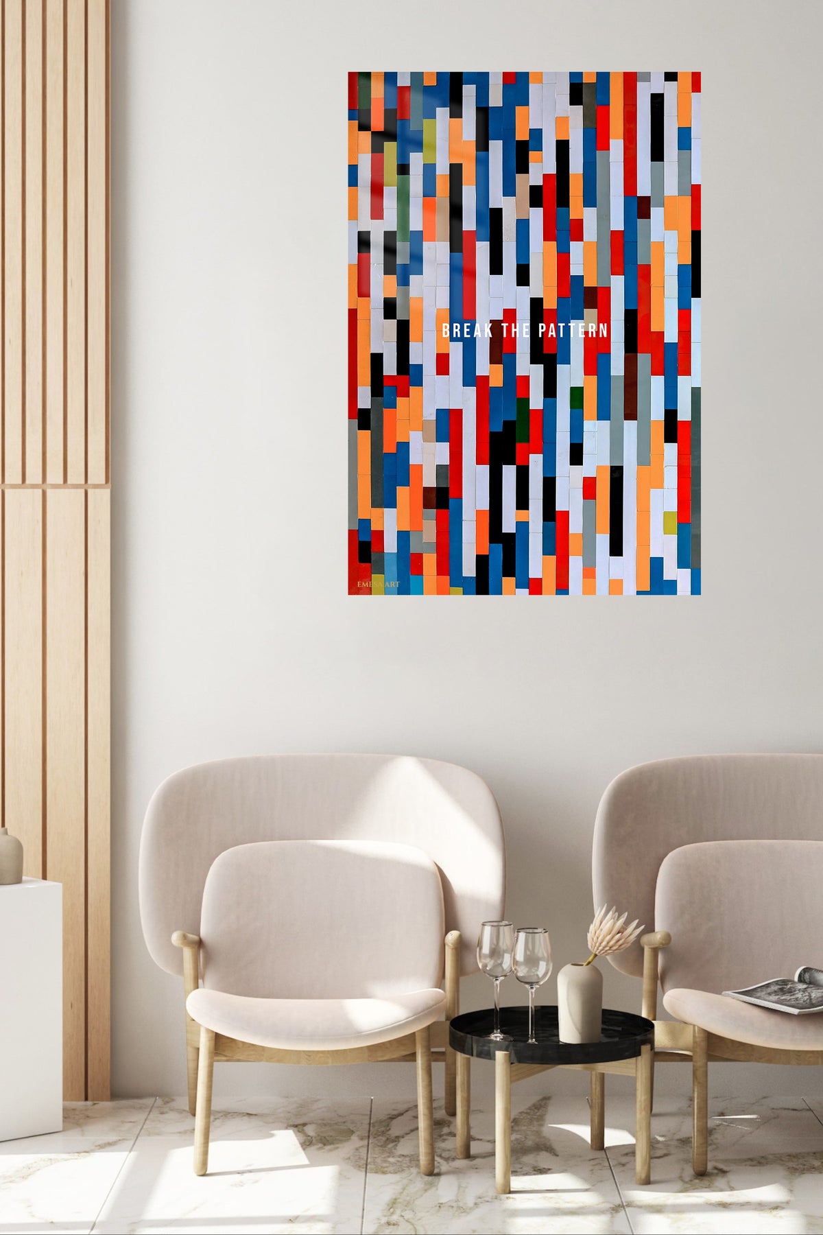 Break the Pattern Geometric Poster metal wall art displayed in a contemporary living space