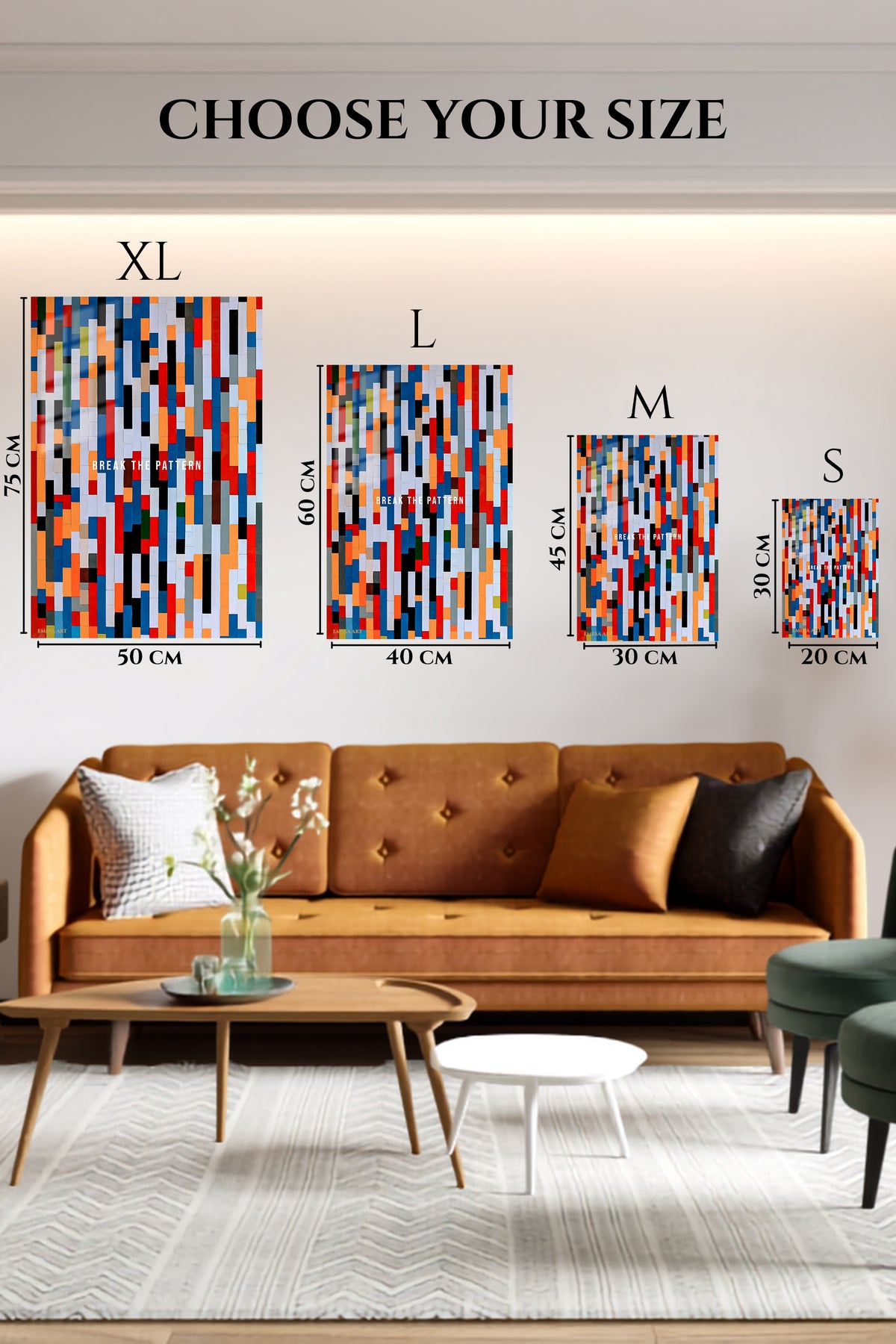 EMESA metal wall art size comparison guide for Break the Pattern Geometric Poster
