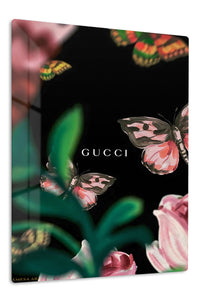 Pink Butterflies Among Garden Blooms premium metal wall art – front view