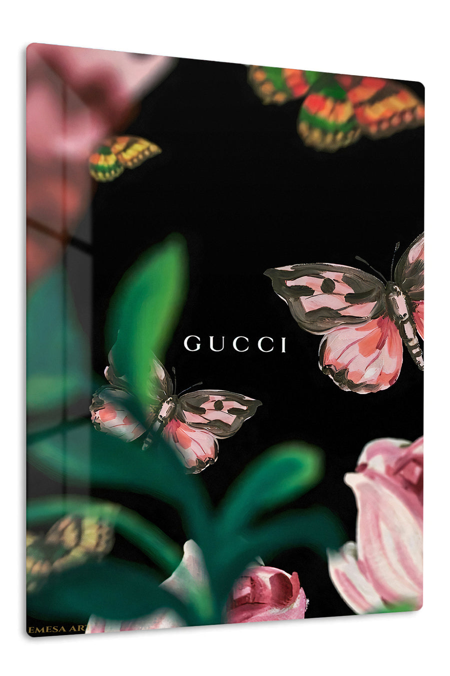 Pink Butterflies Among Garden Blooms premium metal wall art – front view