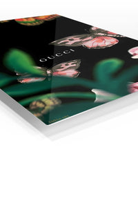 Pink Butterflies Among Garden Blooms premium metal wall art – angled view