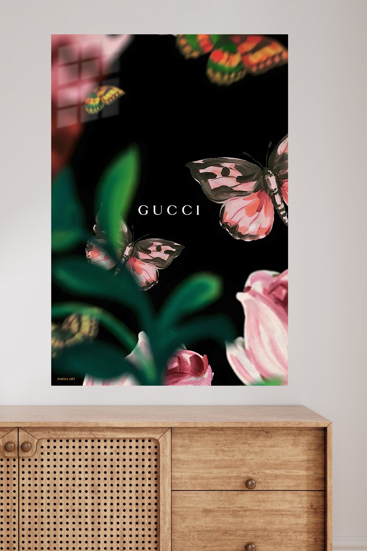 Pink Butterflies Among Garden Blooms metal wall art displayed in a modern interior