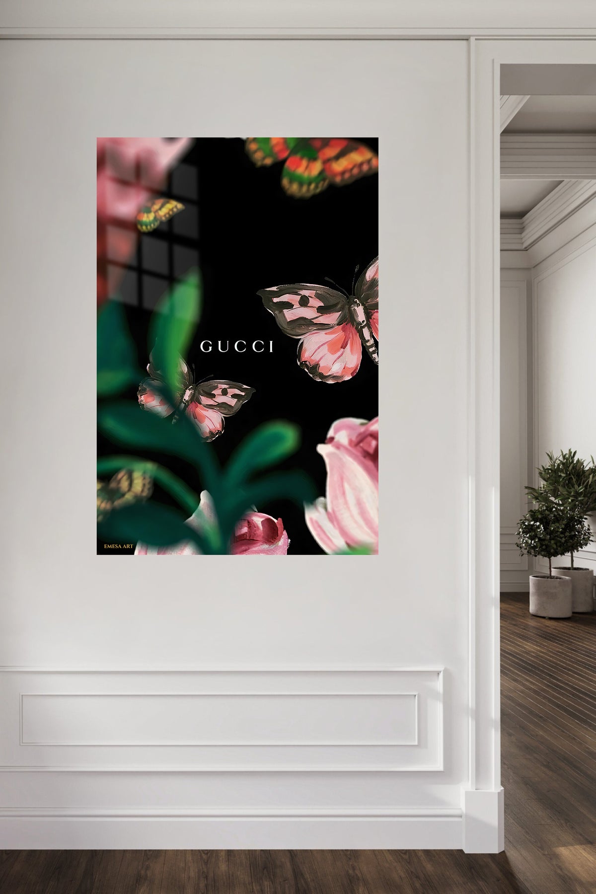 Pink Butterflies Among Garden Blooms metal wall art displayed in a contemporary living space