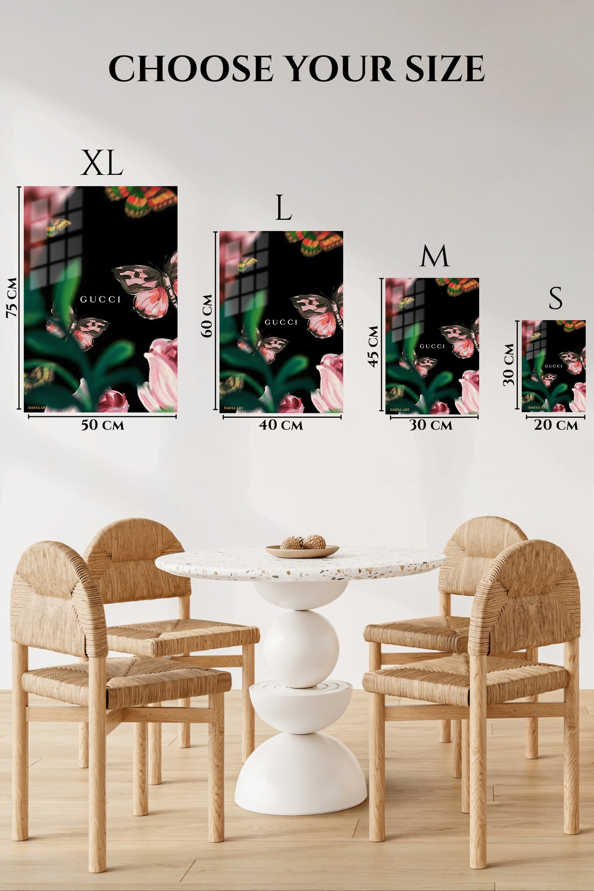 EMESA metal wall art size comparison guide for Pink Butterflies Among Garden Blooms