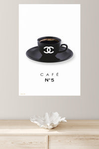 Black Café No. 5 Cup metal wall art displayed in a modern interior