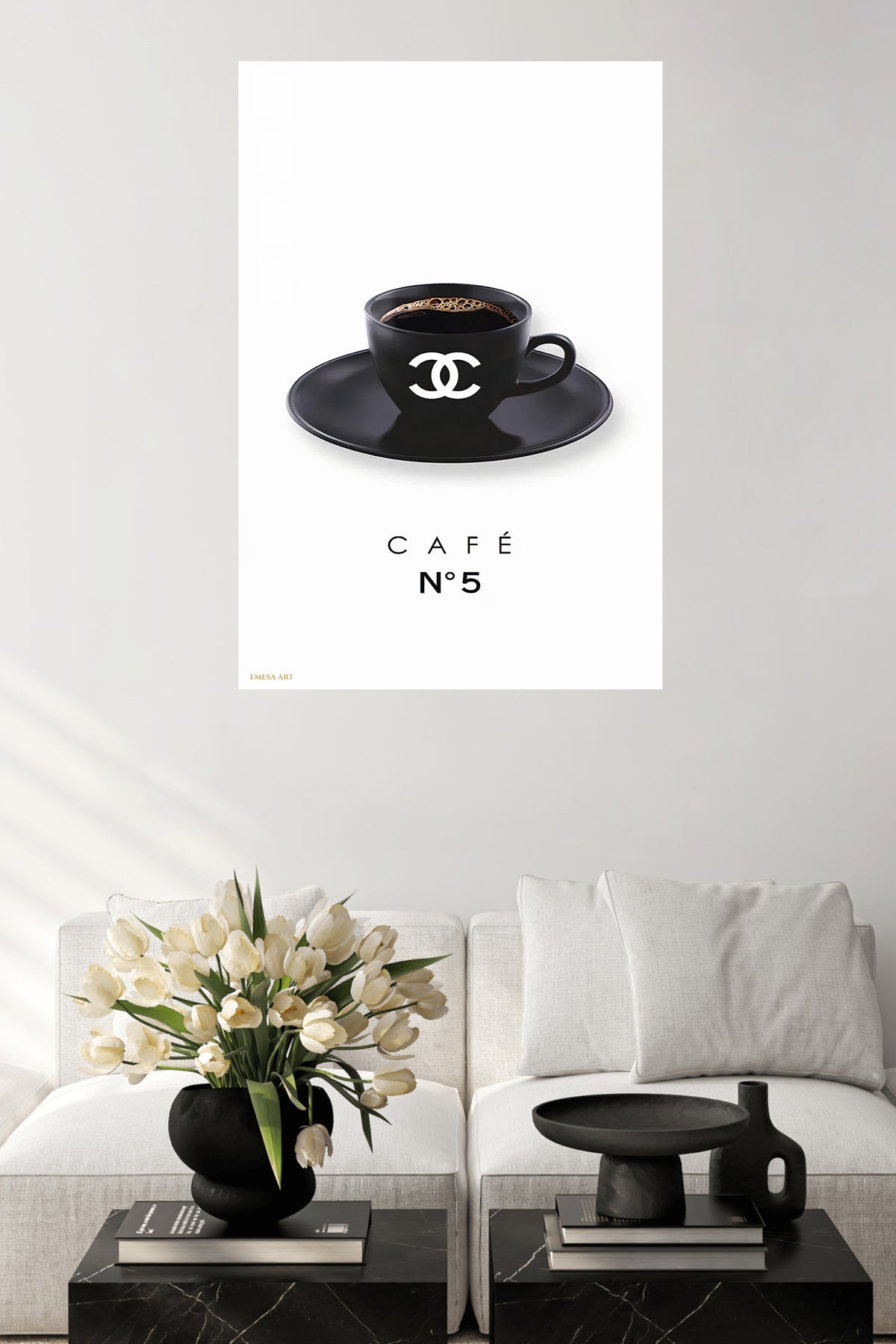 Black Café No. 5 Cup metal wall art displayed in a contemporary living space
