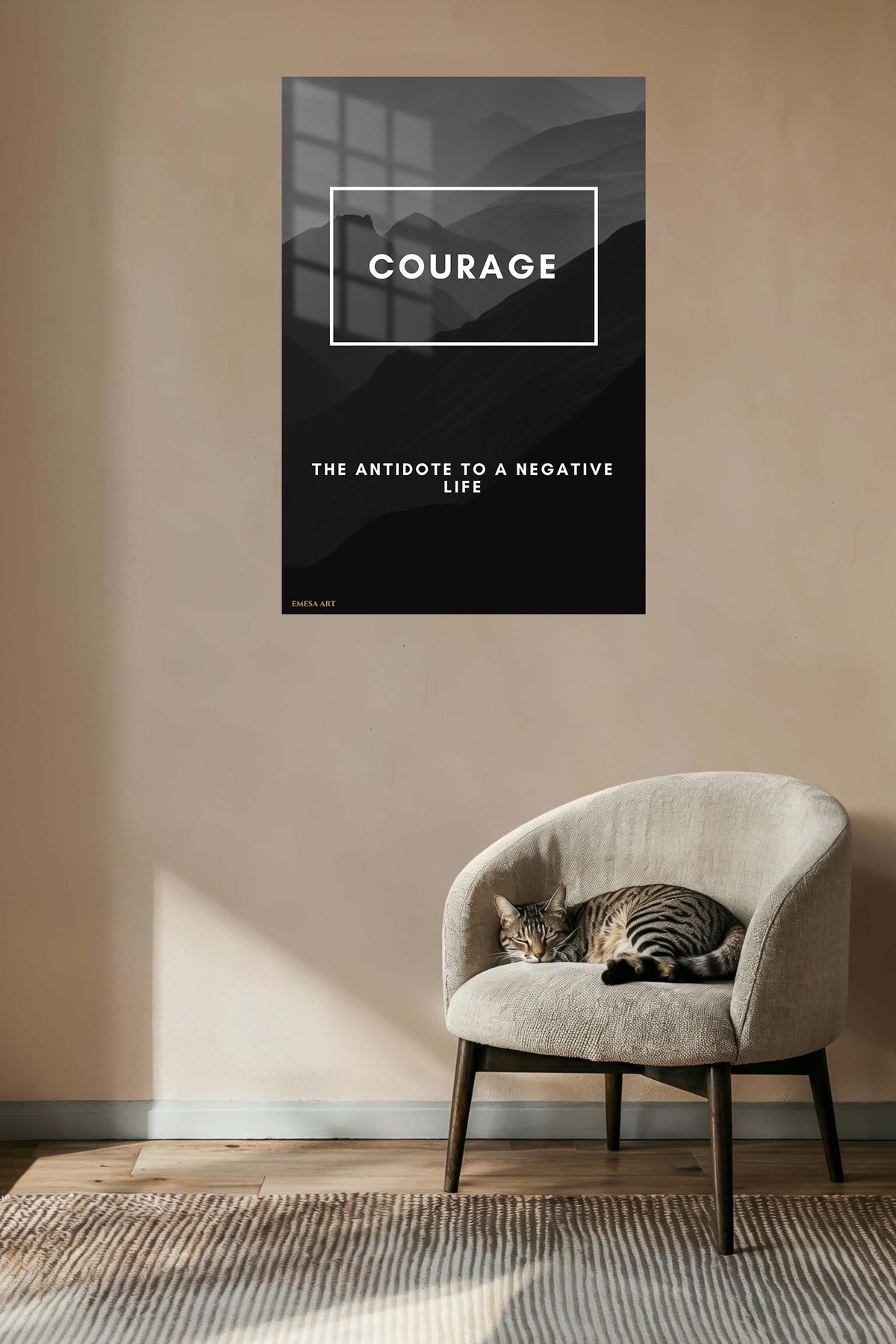 Courage Mountain Quote metal wall art displayed in a contemporary living space
