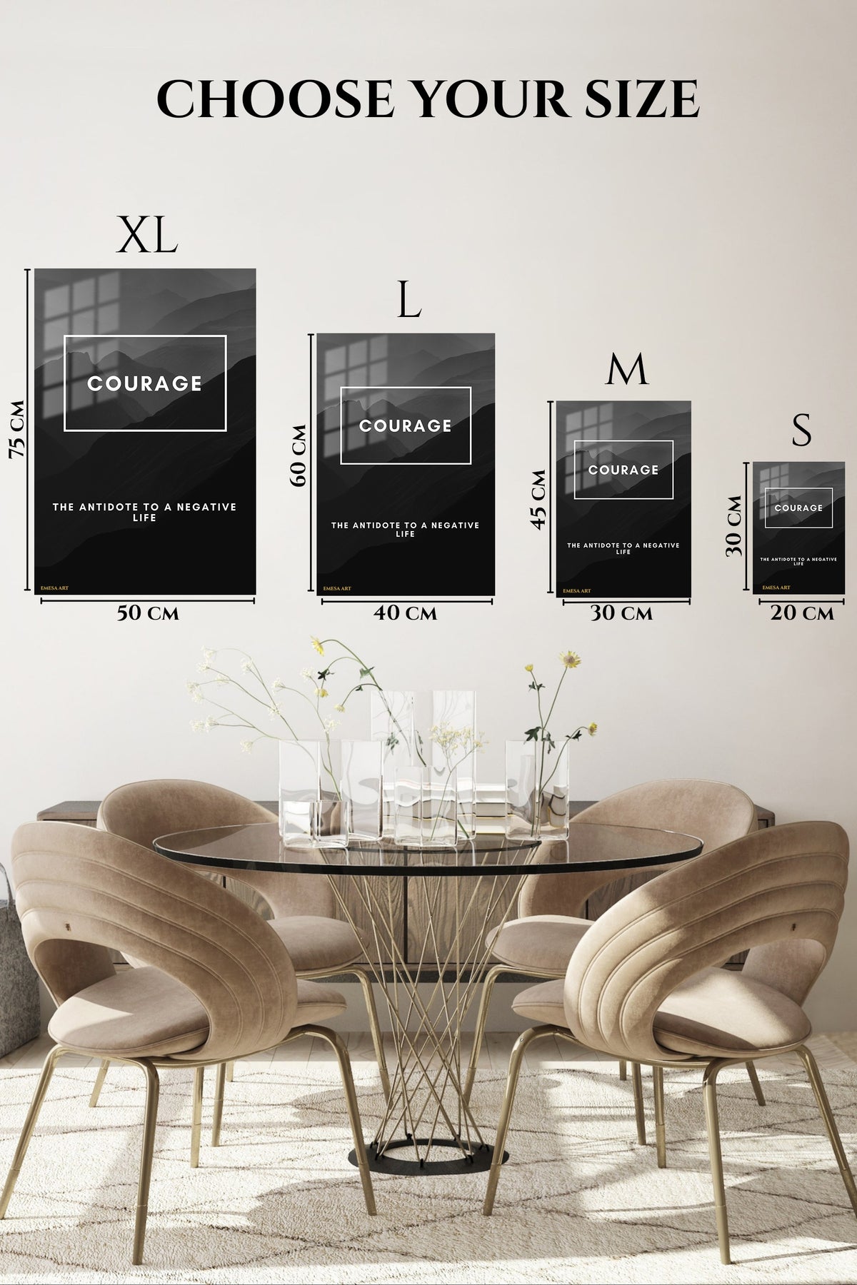 EMESA metal wall art size comparison guide for Courage Mountain Quote