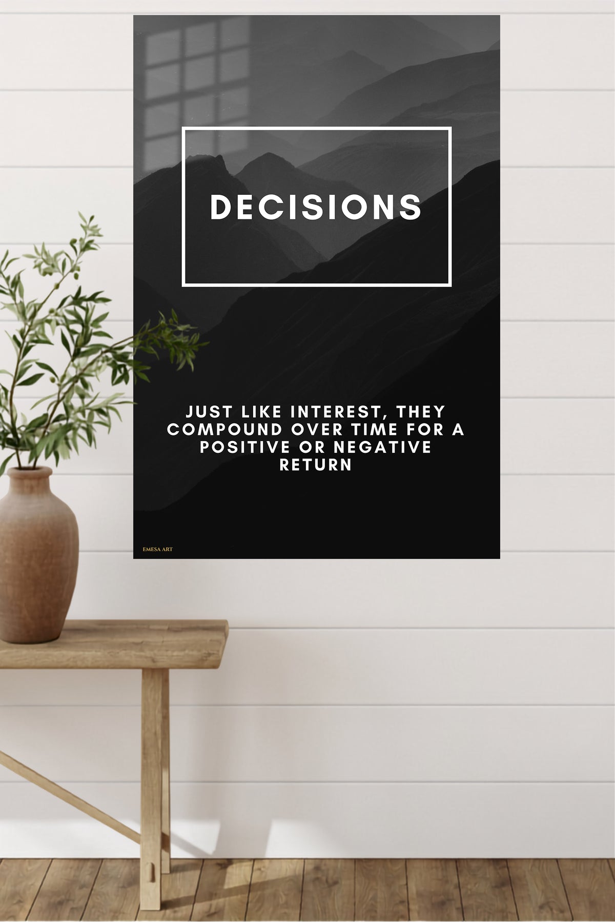 Decisions Compound Mountain Quote metal wall art displayed in a modern interior