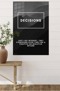 Decisions Compound Mountain Quote metal wall art displayed in a modern interior