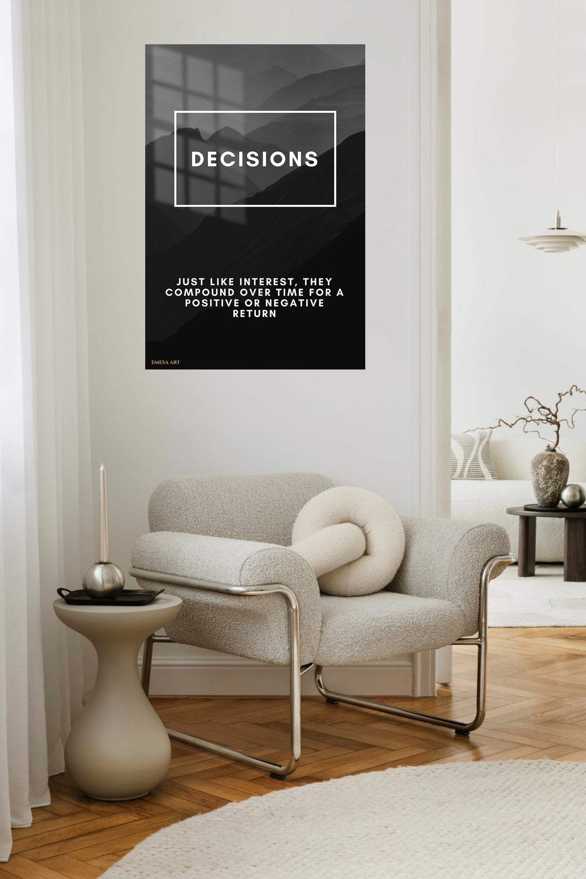 Decisions Compound Mountain Quote metal wall art displayed in a contemporary living space