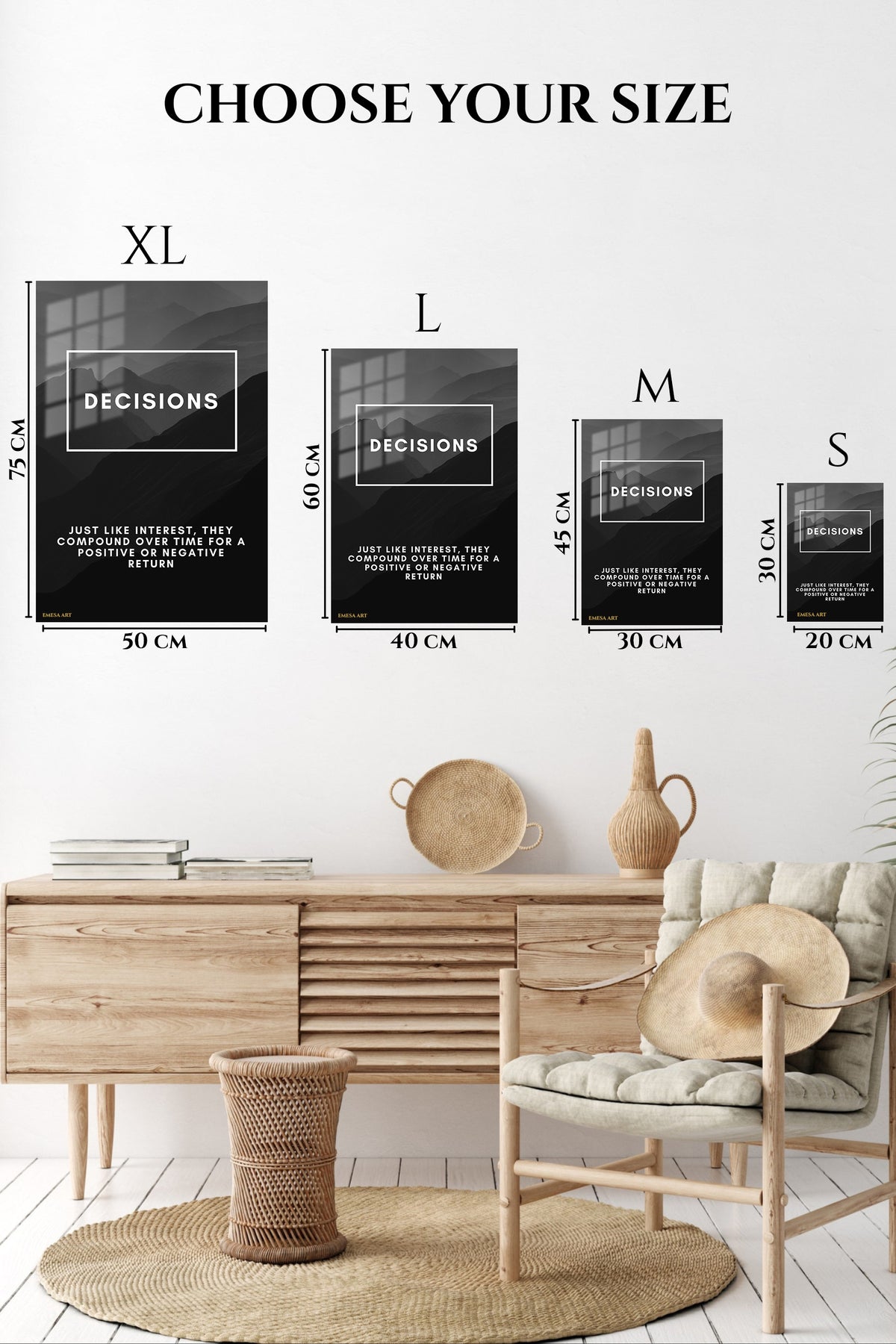 EMESA metal wall art size comparison guide for Decisions Compound Mountain Quote