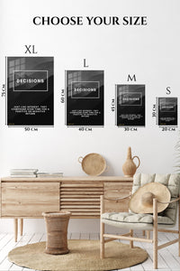 EMESA metal wall art size comparison guide for Decisions Compound Mountain Quote