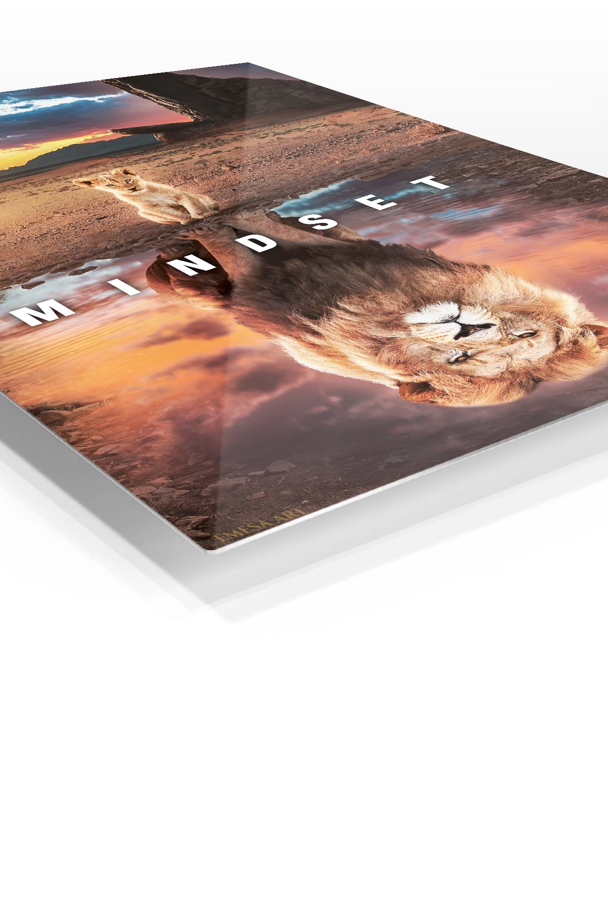 Mindset Lion Reflection premium metal wall art – angled view