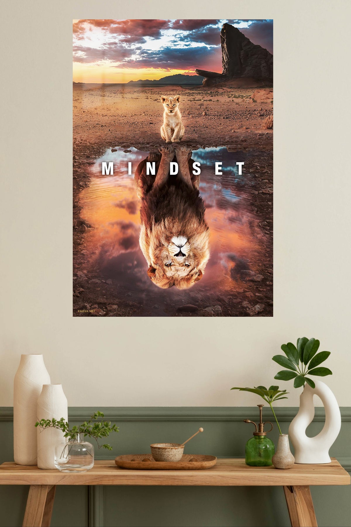 Mindset Lion Reflection metal wall art displayed in a modern interior