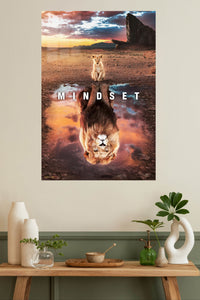 Mindset Lion Reflection metal wall art displayed in a modern interior