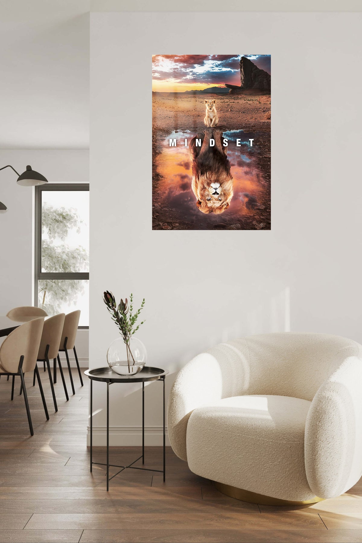 Mindset Lion Reflection metal wall art displayed in a contemporary living space