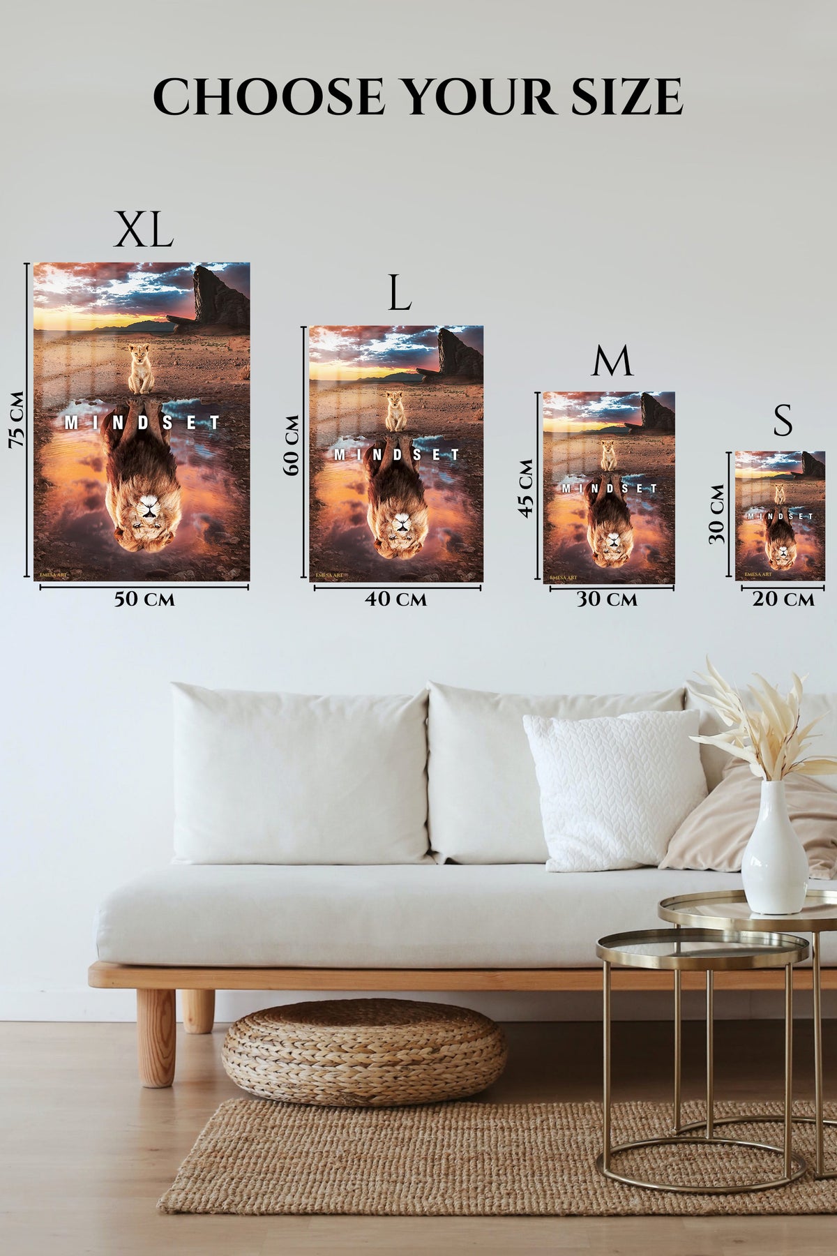 EMESA metal wall art size comparison guide for Mindset Lion Reflection