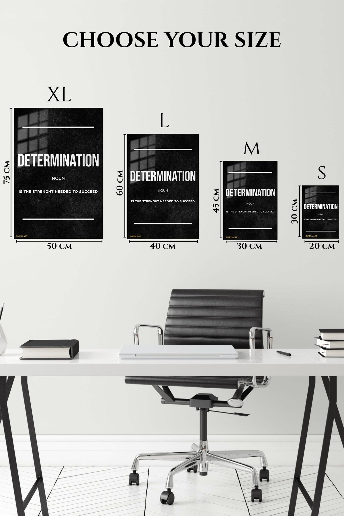 EMESA metal wall art size comparison guide for Determination Strength Quote