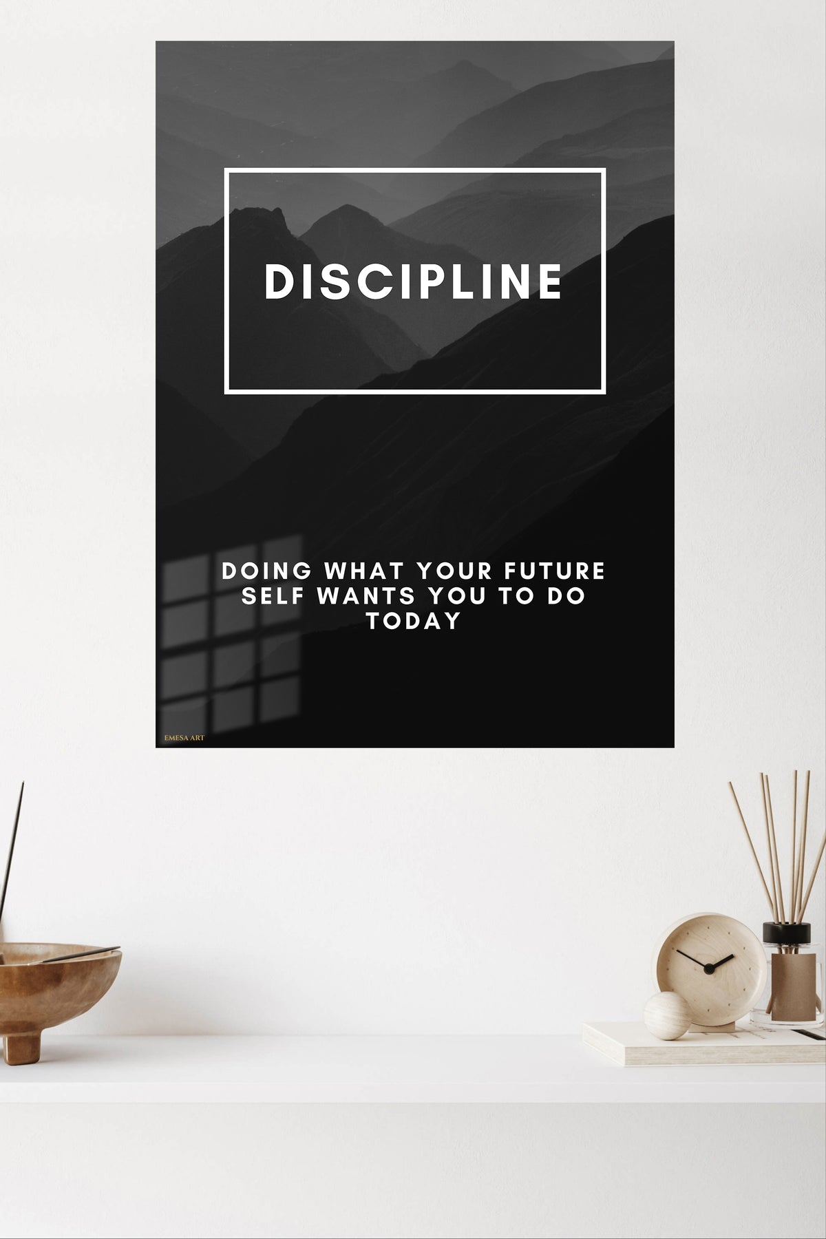 Discipline Mountain Motivation metal wall art displayed in a modern interior