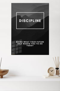 Discipline Mountain Motivation metal wall art displayed in a modern interior