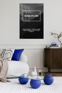 Discipline Mountain Motivation metal wall art displayed in a contemporary living space